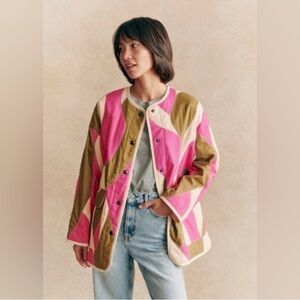Sézane Farel Quilted Jacket Hera Print Pink Olive US 6 EUC